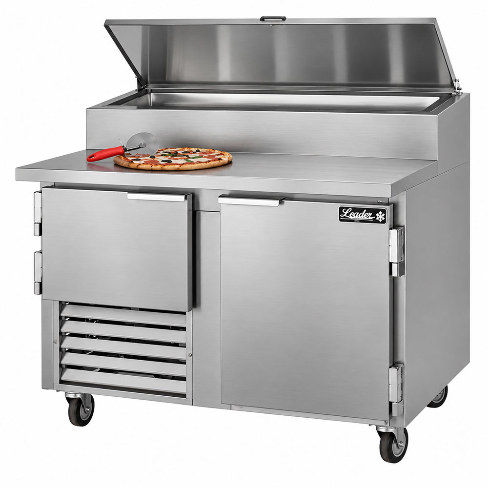 Leader NPT60 60" Stainless Steel Top Refrigerated Pizza Prep Table with 1 Full & 1 Half Door