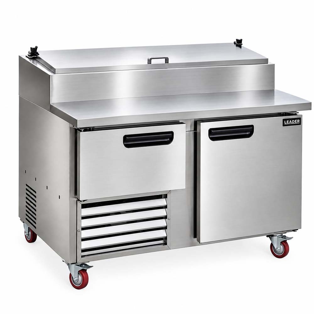 Leader NPT60 60" Stainless Steel Top Refrigerated Pizza Prep Table with 1 Full & 1 Half Door