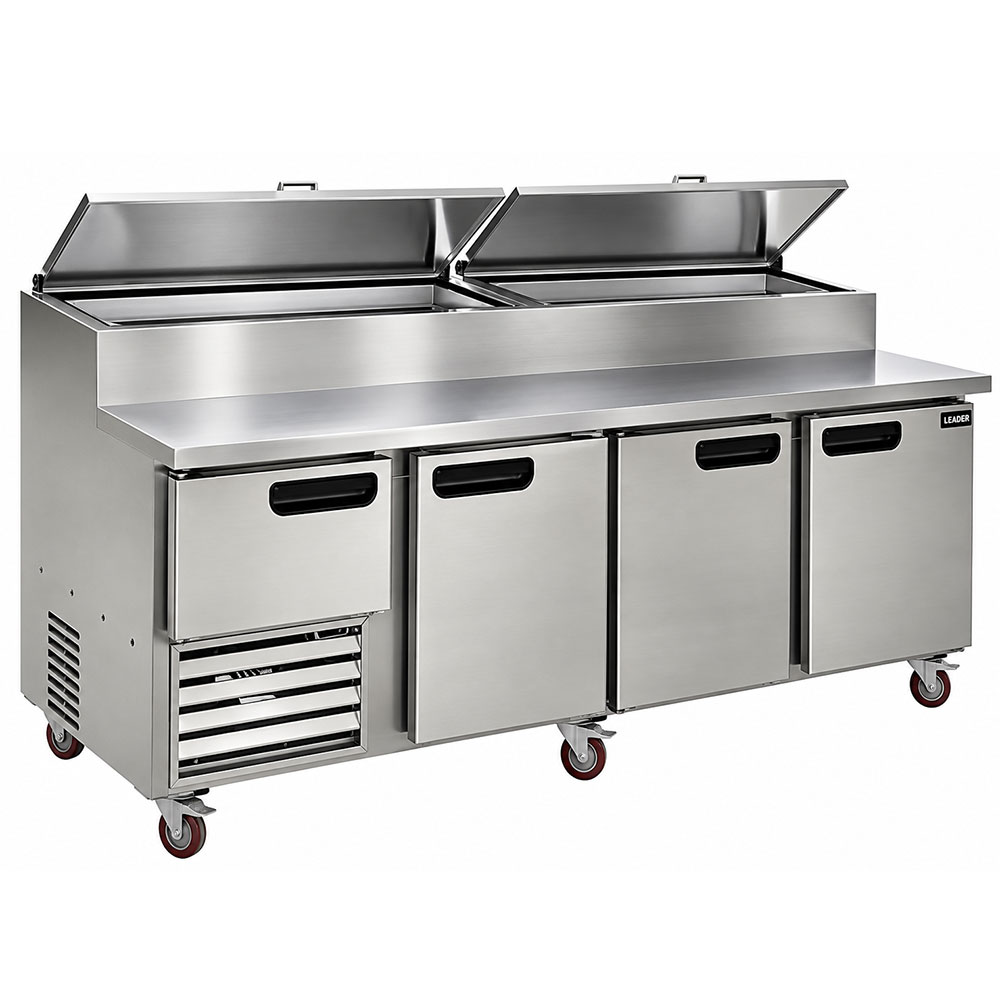 Leader NPT96 96" Stainless Steel Top Refrigerated Pizza Prep Table with 3 Full & 1 Half Door