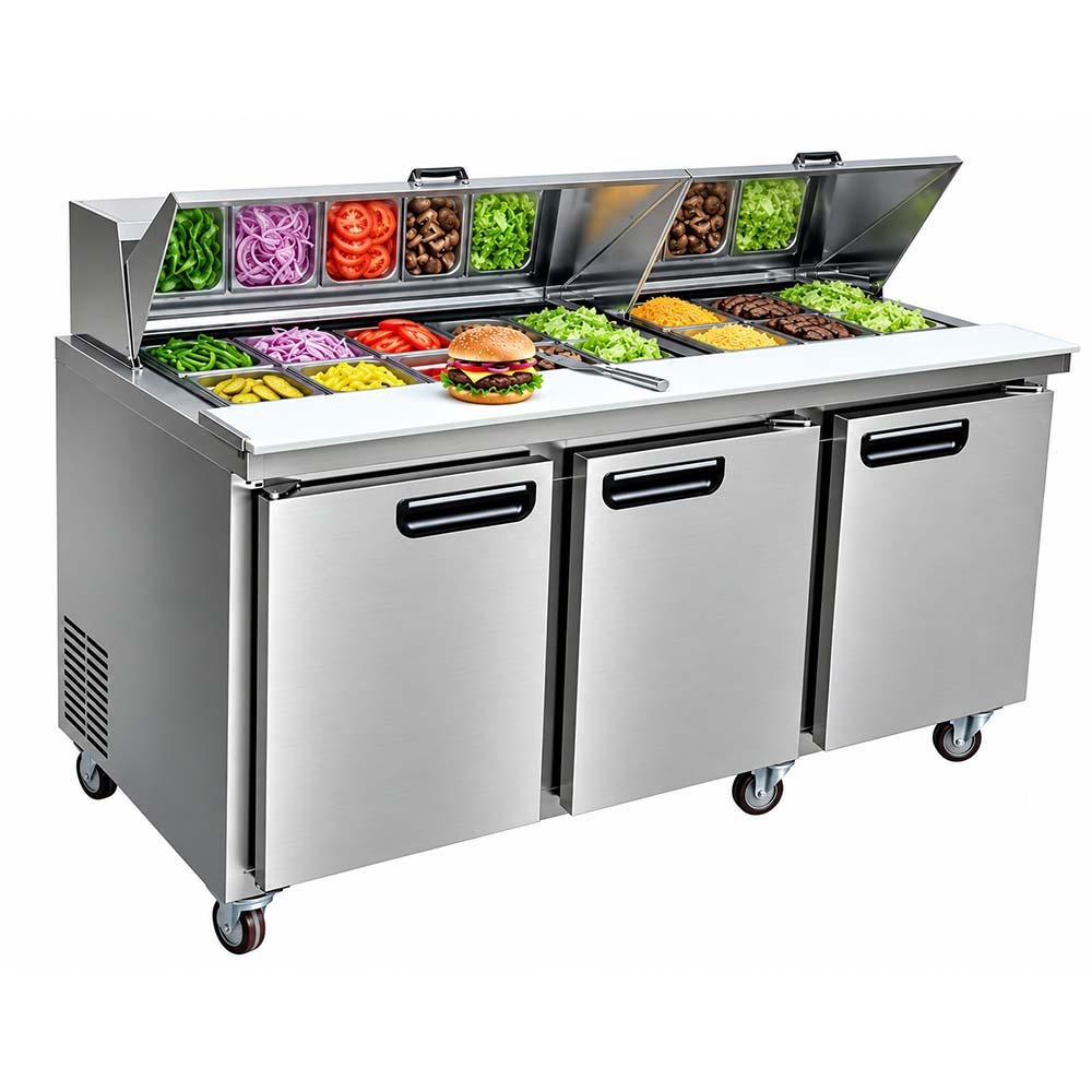 Leader NSFM72 72" 3 Door Mega Top Bain Marie / Sandwich & Salad Refrigerated Prep Table
