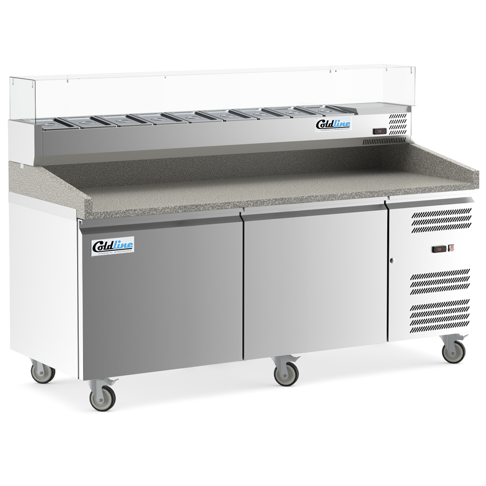 Coldline PDR-80W-SG 80" Two Door Refrigerated Pizza Prep Dough Retarder with Refrigerated Glass Topping Rail