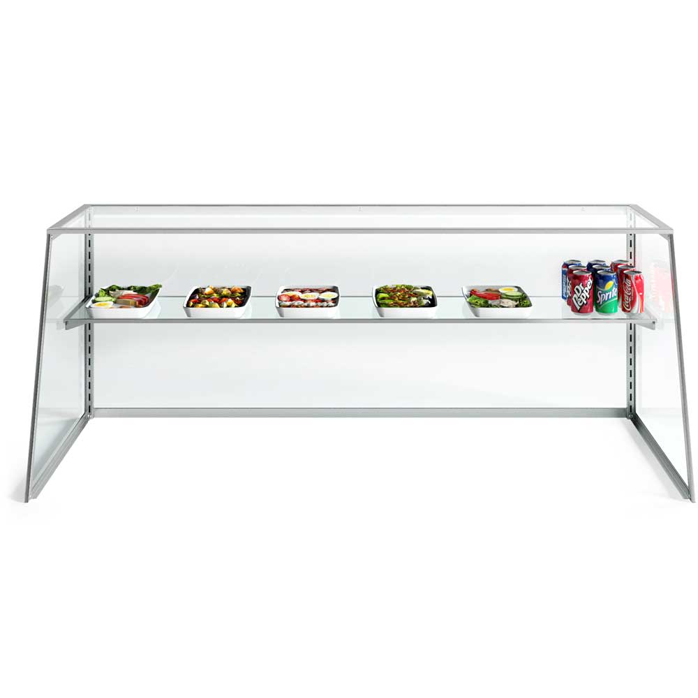 Custom Glass SG24 24" Standard Glass Sneeze Guard Framed Display Case Tapered / Slanted End with Shelf for Counters, Salad Bars, or Steam Tables