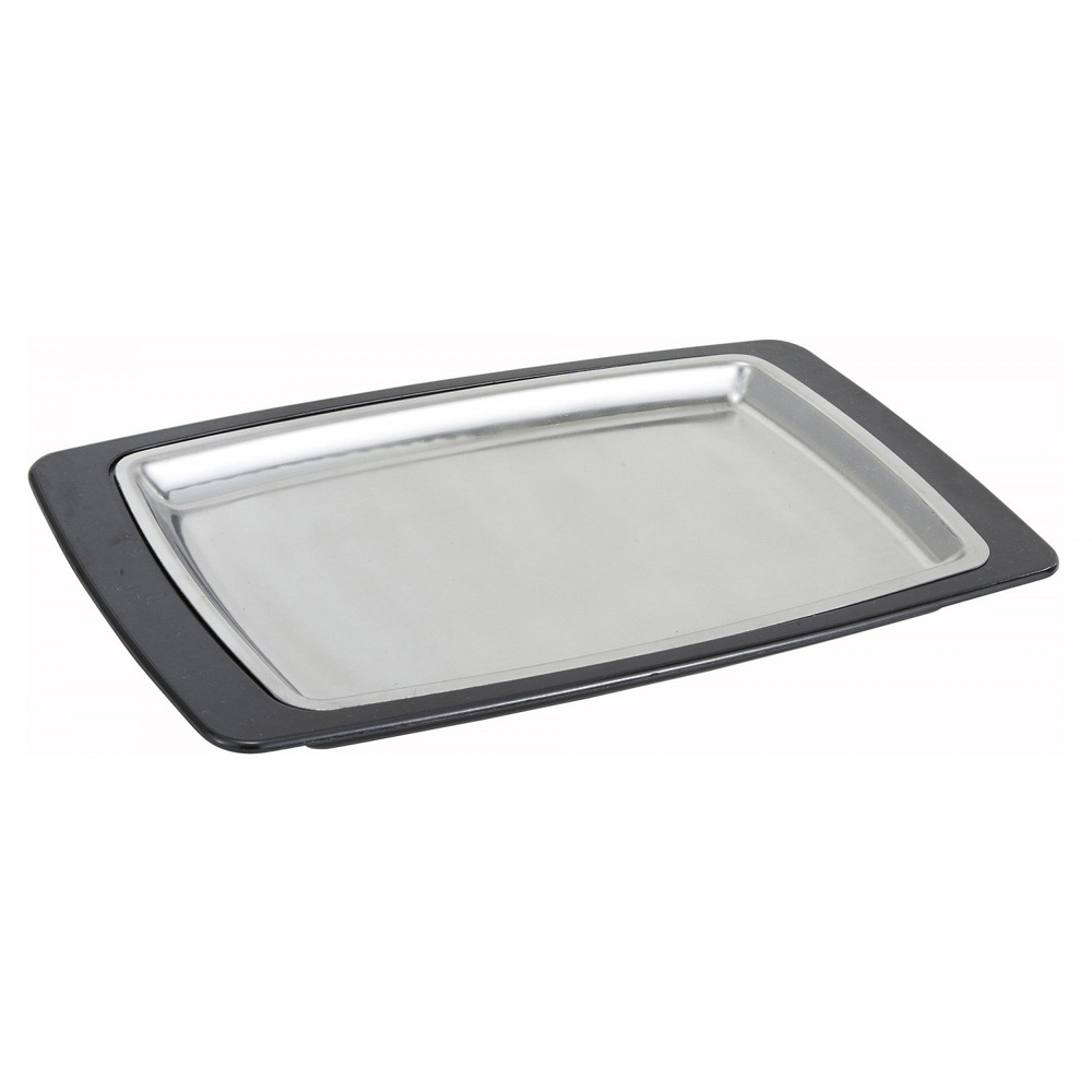 Winco SIZ-11BST Stainless Steel Rectangular Sizzling Platter with Bakelite Underliner, 11" x 7"
