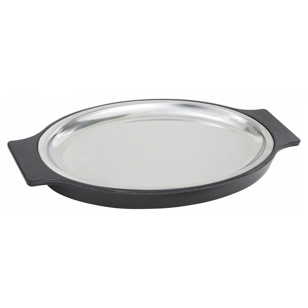 Winco SIZ-11ST Stainless Steel Oval Sizzling Platter with Bakelite Underliner, 11" x 8"