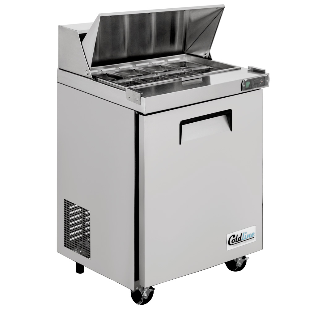 Coldline SPN-29 29" Narrow Depth Refrigerated Sandwich Prep Table with Cutting Board and 8 Food Pans