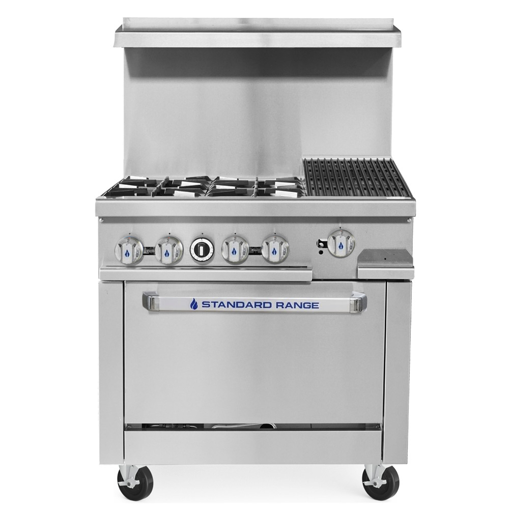 Standard Range SR-R36-12CB-LP 36" Liquid Propane Commercial Range with 12" Char-Broiler Top, 4 Burners, 1 Oven - 188,000 BTU