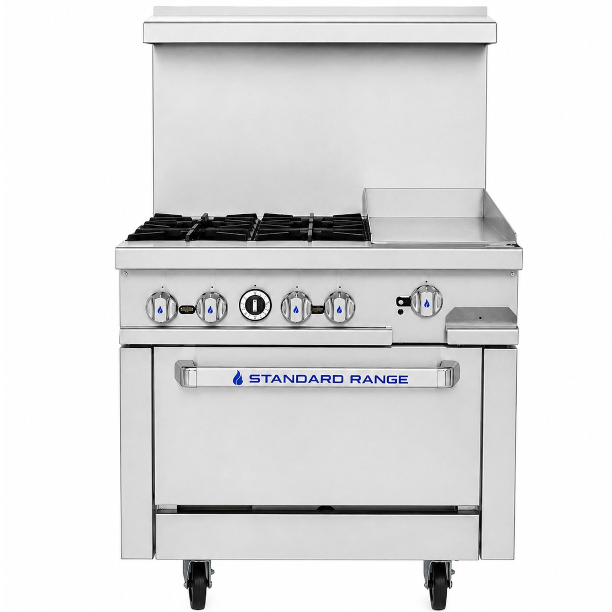 Standard Range SR-R36-12MG-LP 36" Liquid Propane Commercial Range with 4 Burners, 12" Griddle Top, 1 Oven - 153,000 BTU