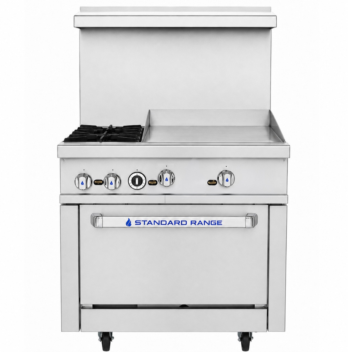 Standard Range SR-R36-24MG-LP 36" Liquid Propane Commercial Range with 2 Burners, 24" Griddle Top, 1 Oven - 153,000 BTU