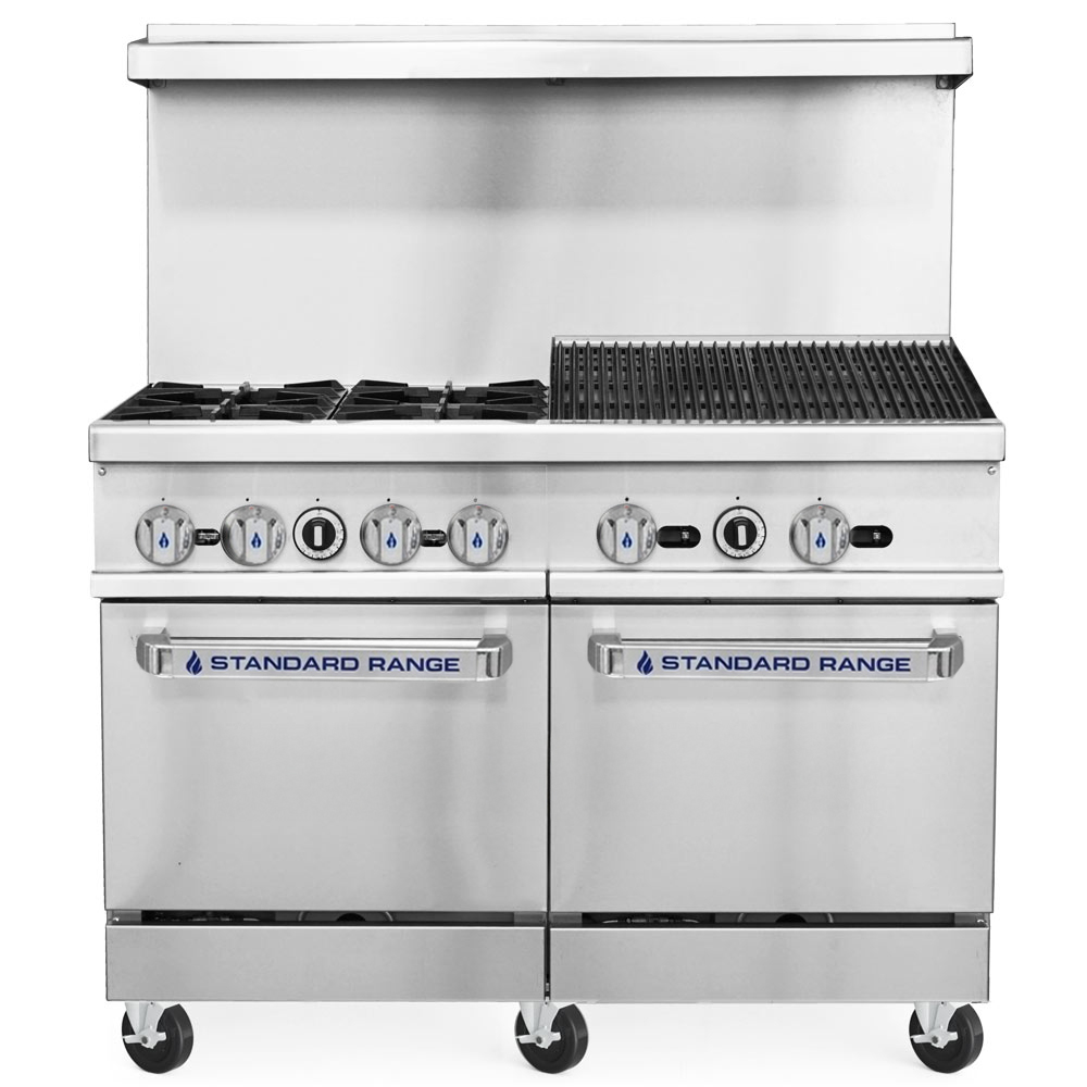 Standard Range SR-R48-24CB-NG 48" Natural Gas Commercial Range with 4 Burners, 24" Char-Broiler Top, 2 Ovens - 256,000 BTU
