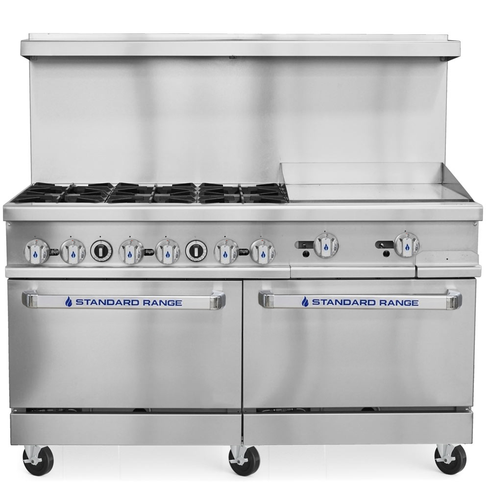 Standard Range SR-R60-24MG-NG 60" Natural Gas Commercial Range with 24" Griddle, 6 Burners, 2 Ovens - 306,000 BTU