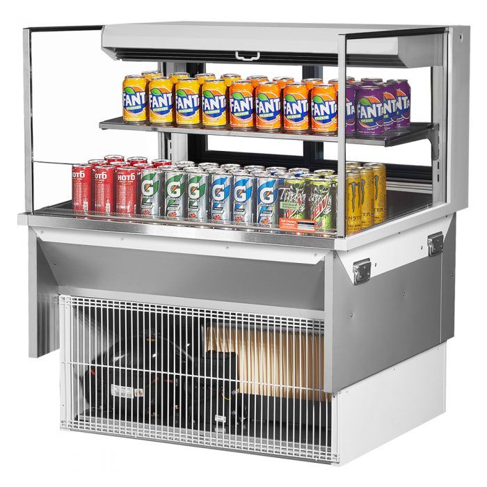 Turbo Air TOM-36L-UFD-W-2SI-N 36" Low Profile White Drop-In Horizontal Sliding Rear Door 1 Shelf Open Display Case w/ Glass Side Panel - 8 Cu. Ft.