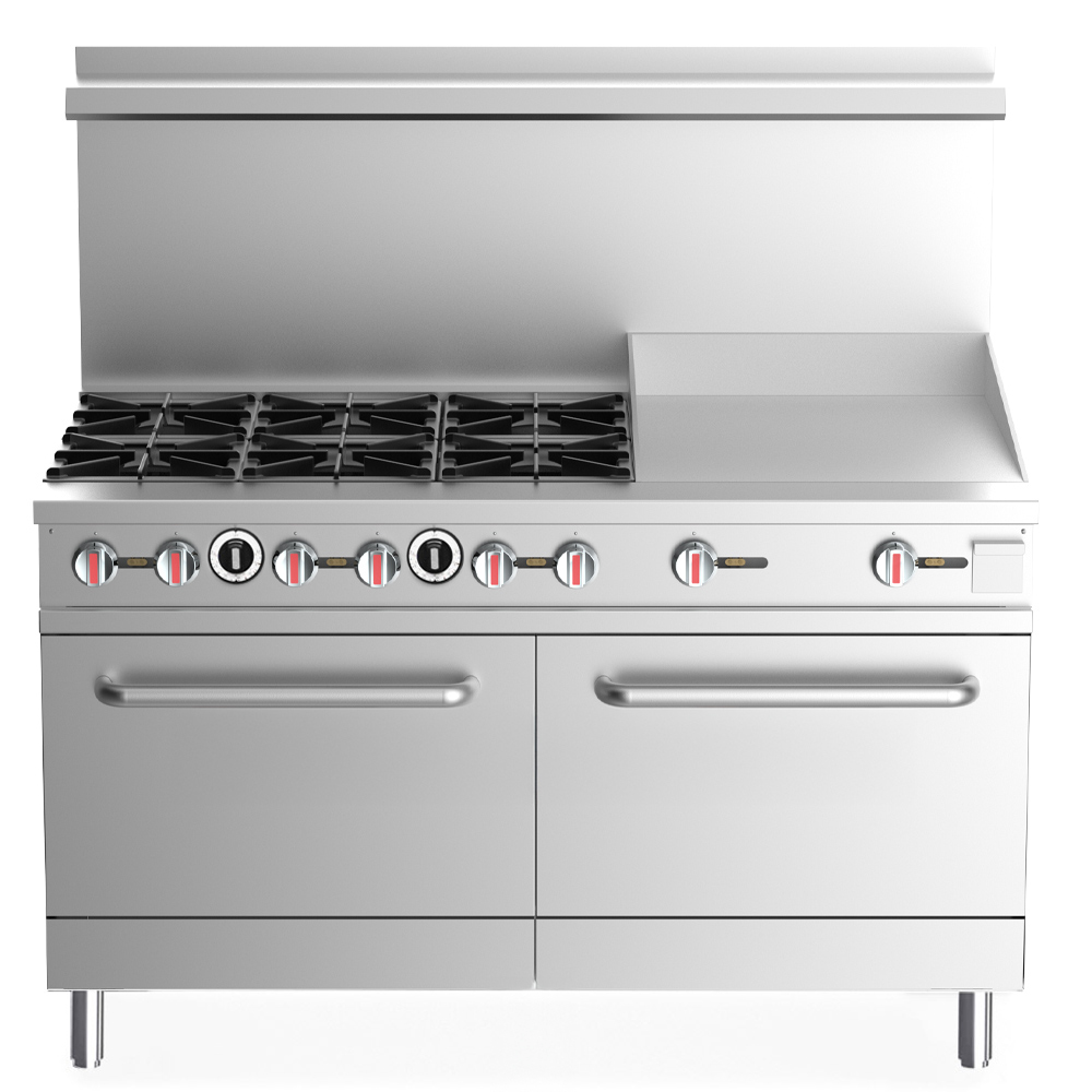 Prepline ENR6B60G24L Liquid Propane 60" Commercial Range, 6 Burner, 2 Oven, 24" Flat Griddle