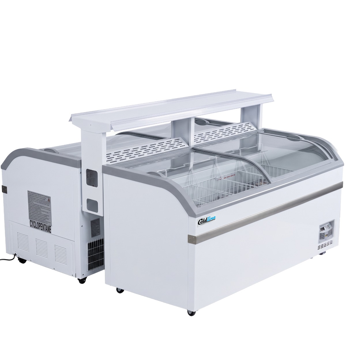 Coldline XS500YX-DBL Double 58" Curved Glass Top Display Ice Cream Freezer with LED Lighting and Promotion Shelf
