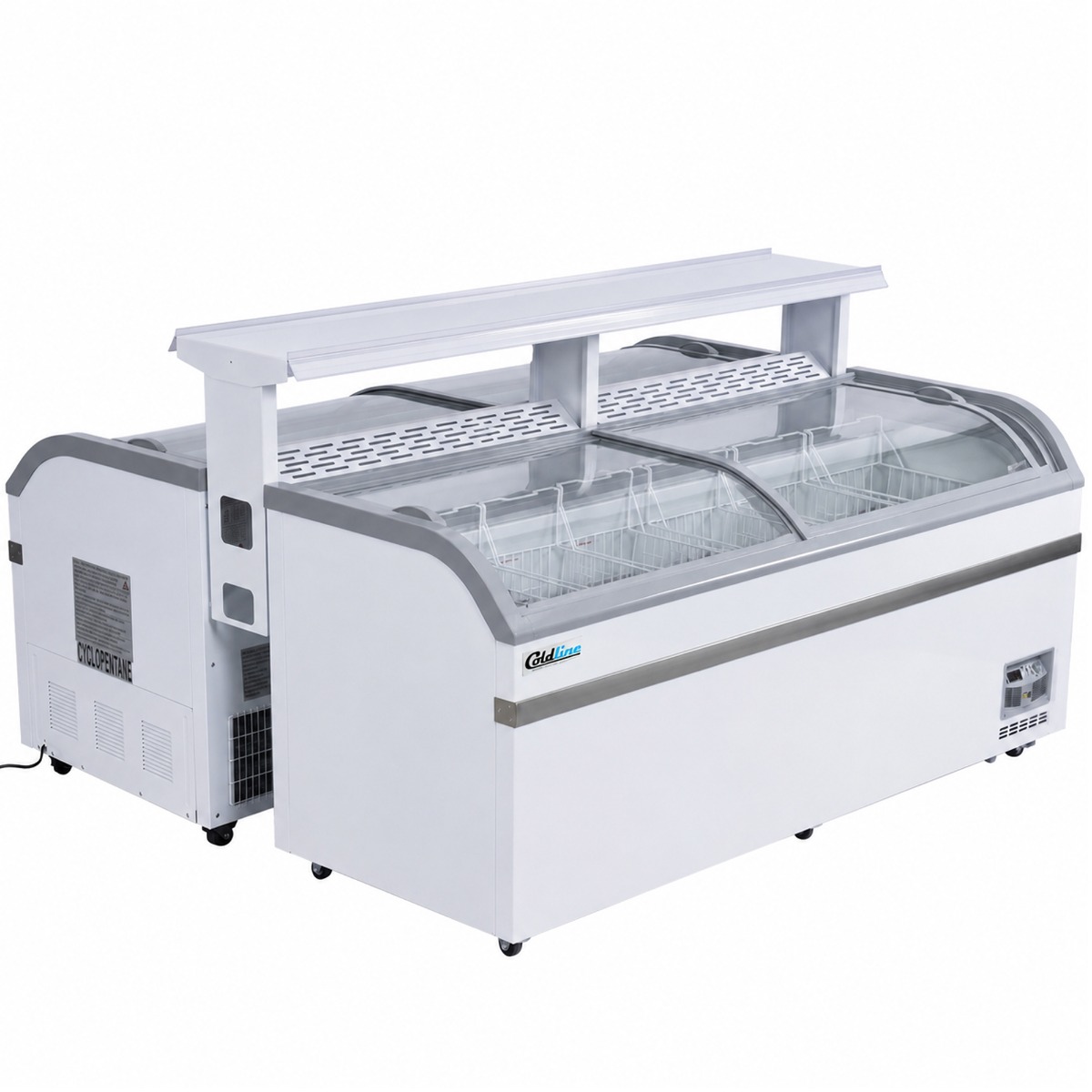Coldline XS700YX-DBL Double 79" Curved Glass Top Display Ice Cream Freezer with LED Lighting and Promotion Shelf